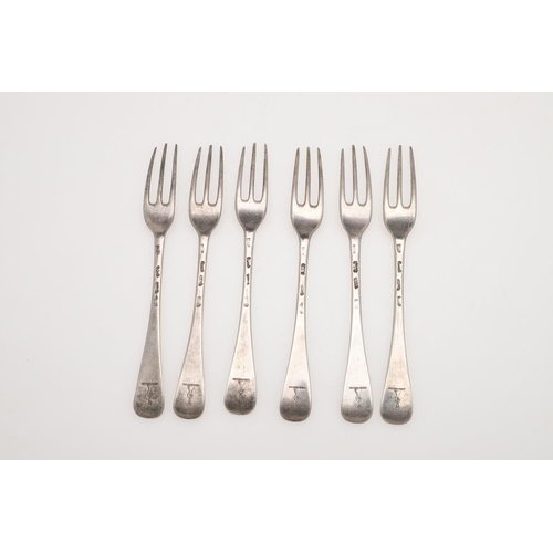 59 - A SET OF SIX GEORGE I SILVER HANOVERIAN PATTERN DESSERT FORKS. crested, makers mark distorted, Londo... 