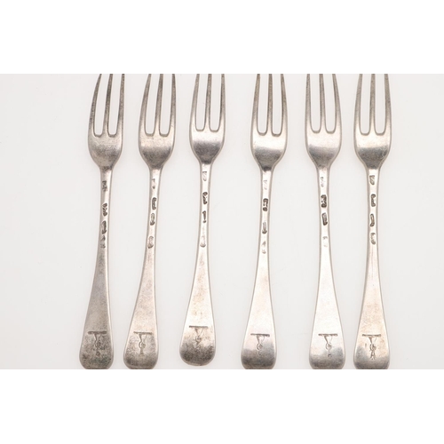 59 - A SET OF SIX GEORGE I SILVER HANOVERIAN PATTERN DESSERT FORKS. crested, makers mark distorted, Londo... 