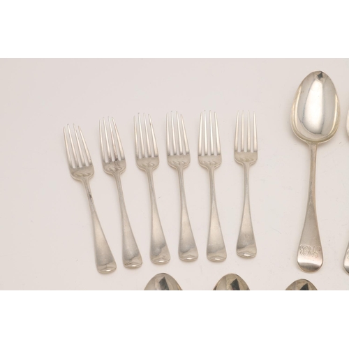 6 - GEORGE III OLD ENGLISH PATTERN SILVER FLATWARE, BY WILLIAM CHAWNER. to include 7 table forks, 8 tabl... 