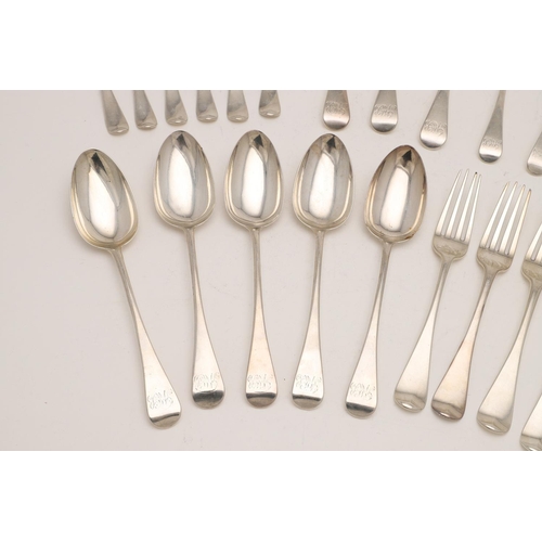 6 - GEORGE III OLD ENGLISH PATTERN SILVER FLATWARE, BY WILLIAM CHAWNER. to include 7 table forks, 8 tabl... 