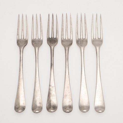 60 - A SET OF SIX GEORGE III SILVER HANOVERIAN PATTERN TABLE FORKS. crested, by Paul Callard,  London 176... 