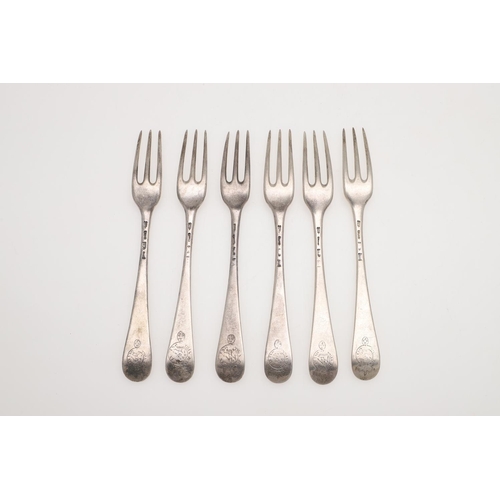 60 - A SET OF SIX GEORGE III SILVER HANOVERIAN PATTERN TABLE FORKS. crested, by Paul Callard,  London 176... 