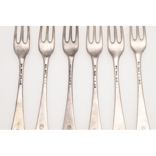 60 - A SET OF SIX GEORGE III SILVER HANOVERIAN PATTERN TABLE FORKS. crested, by Paul Callard,  London 176... 