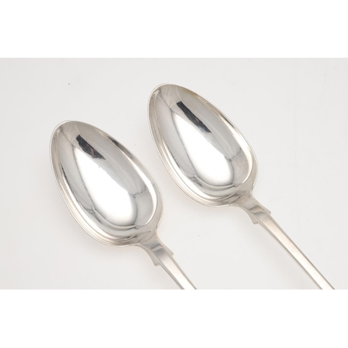 61 - A PAIR OF WILLIAM IV FIDDLE PATTERN SILVER BASTING OR SERVING SPOONS. crested, by William Eaton, Lon... 