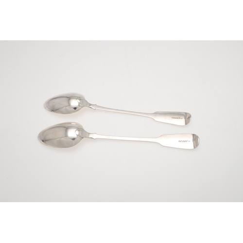 61 - A PAIR OF WILLIAM IV FIDDLE PATTERN SILVER BASTING OR SERVING SPOONS. crested, by William Eaton, Lon... 