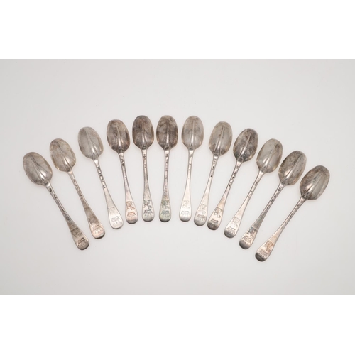 62 - A SET OF TWELVE GEORGE III HANOVERIAN PATTERN SILVER TABLE SPOONS. crested below the coronet of an E... 