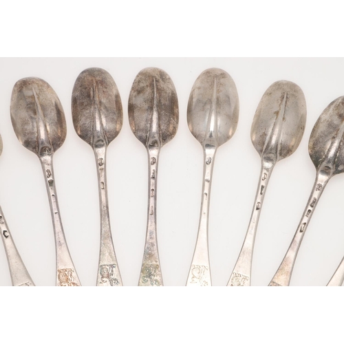 62 - A SET OF TWELVE GEORGE III HANOVERIAN PATTERN SILVER TABLE SPOONS. crested below the coronet of an E... 