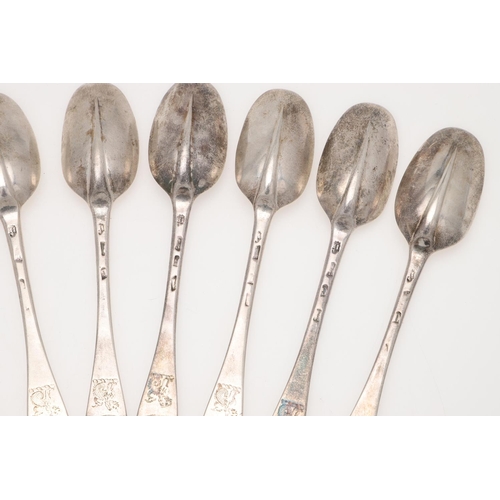 62 - A SET OF TWELVE GEORGE III HANOVERIAN PATTERN SILVER TABLE SPOONS. crested below the coronet of an E... 