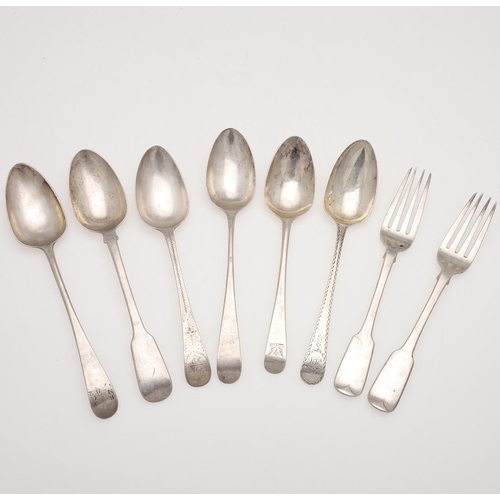 64 - MISCELLANEOUS SILVER FLATWARE. including an Irish pair of Fiddle pattern table forks, four Old Engli... 