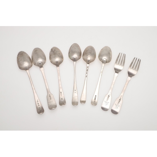 64 - MISCELLANEOUS SILVER FLATWARE. including an Irish pair of Fiddle pattern table forks, four Old Engli... 