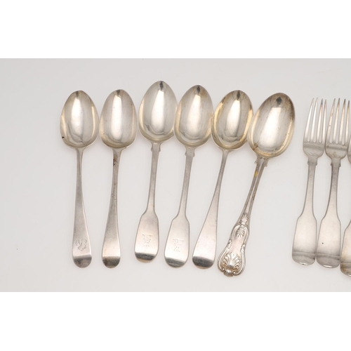 66 - MISCELLANEOUS SILVER FLATWARE. 6 table spoons, a set of 6 Irish table forks, crested, a set of 6 des... 