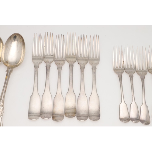 66 - MISCELLANEOUS SILVER FLATWARE. 6 table spoons, a set of 6 Irish table forks, crested, a set of 6 des... 