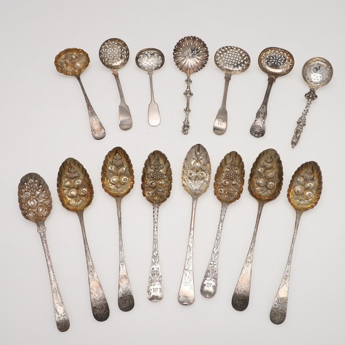 72 - MIXED SILVER BERRY & SIFTER SPOONS. seven various sifter ladles/ spoons and eight berry table spoons... 