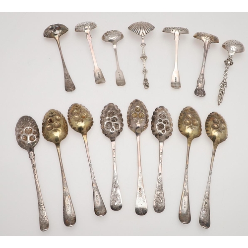 72 - MIXED SILVER BERRY & SIFTER SPOONS. seven various sifter ladles/ spoons and eight berry table spoons... 