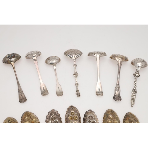 72 - MIXED SILVER BERRY & SIFTER SPOONS. seven various sifter ladles/ spoons and eight berry table spoons... 