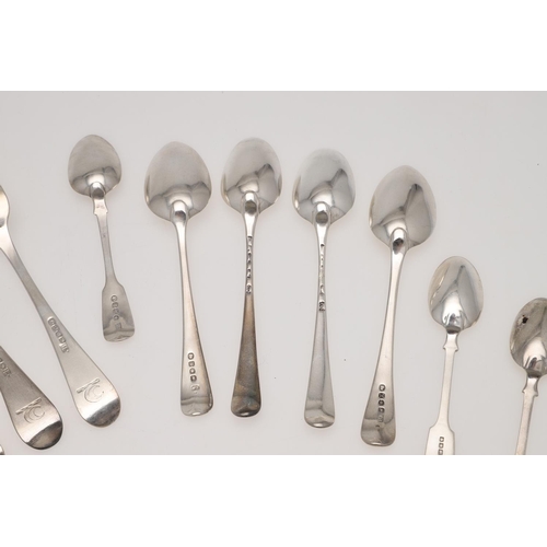 76 - A MIXED LOT OF SILVER FLATWARE. 7 table forks, 3 dessert spoons and 22 teaspoons, mixed patterns, ma... 