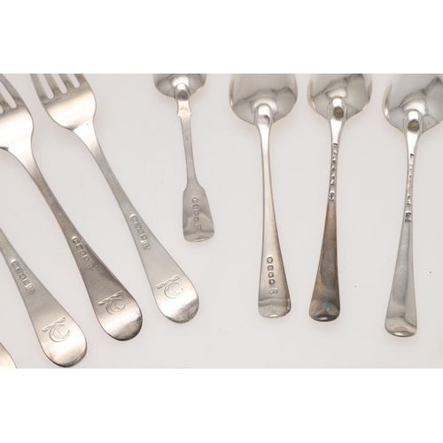 76 - A MIXED LOT OF SILVER FLATWARE. 7 table forks, 3 dessert spoons and 22 teaspoons, mixed patterns, ma... 