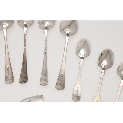 76 - A MIXED LOT OF SILVER FLATWARE. 7 table forks, 3 dessert spoons and 22 teaspoons, mixed patterns, ma... 