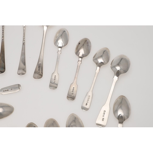 76 - A MIXED LOT OF SILVER FLATWARE. 7 table forks, 3 dessert spoons and 22 teaspoons, mixed patterns, ma... 