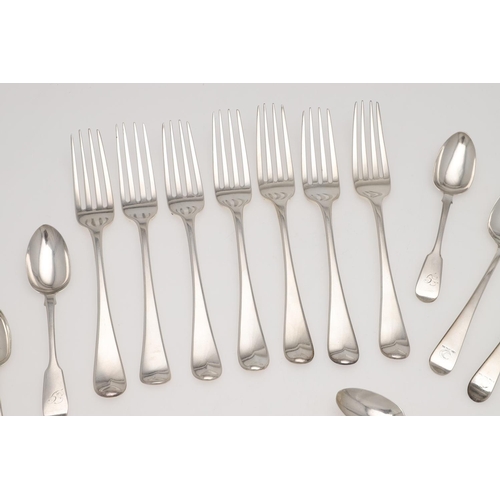 76 - A MIXED LOT OF SILVER FLATWARE. 7 table forks, 3 dessert spoons and 22 teaspoons, mixed patterns, ma... 