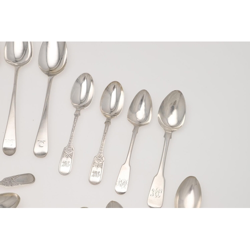 76 - A MIXED LOT OF SILVER FLATWARE. 7 table forks, 3 dessert spoons and 22 teaspoons, mixed patterns, ma... 