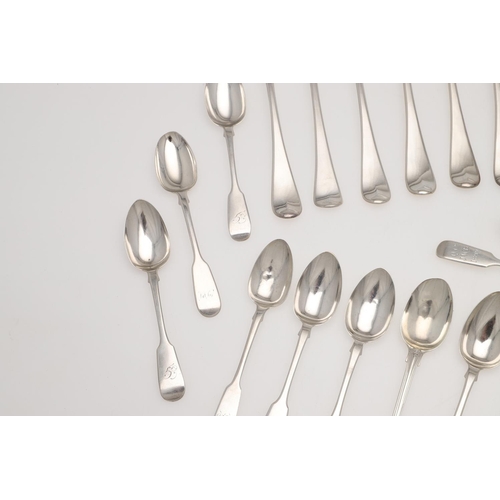 76 - A MIXED LOT OF SILVER FLATWARE. 7 table forks, 3 dessert spoons and 22 teaspoons, mixed patterns, ma... 