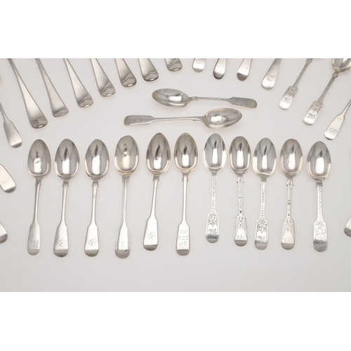 76 - A MIXED LOT OF SILVER FLATWARE. 7 table forks, 3 dessert spoons and 22 teaspoons, mixed patterns, ma... 