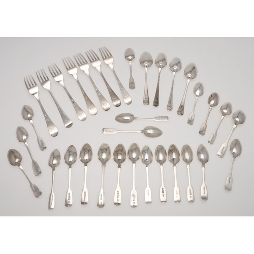 76 - A MIXED LOT OF SILVER FLATWARE. 7 table forks, 3 dessert spoons and 22 teaspoons, mixed patterns, ma... 