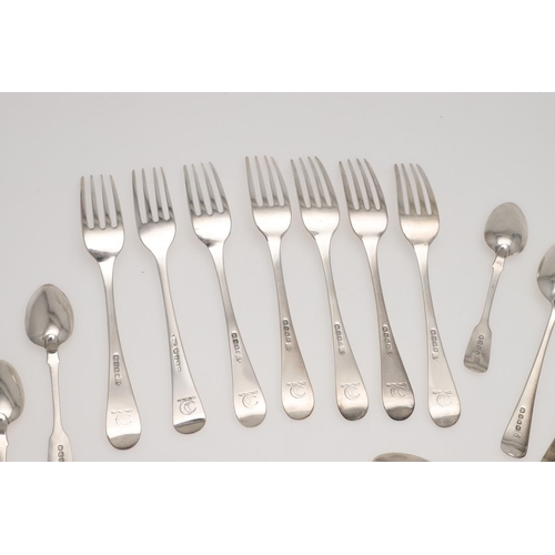 76 - A MIXED LOT OF SILVER FLATWARE. 7 table forks, 3 dessert spoons and 22 teaspoons, mixed patterns, ma... 