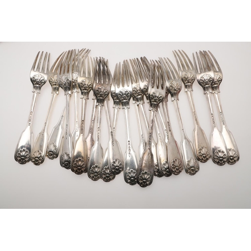 77 - A MATCHED PART-CANTEEN OF FIDDLE, THREAD & SHELL PATTERN SILVER FLATWARE. including 33 table forks, ... 