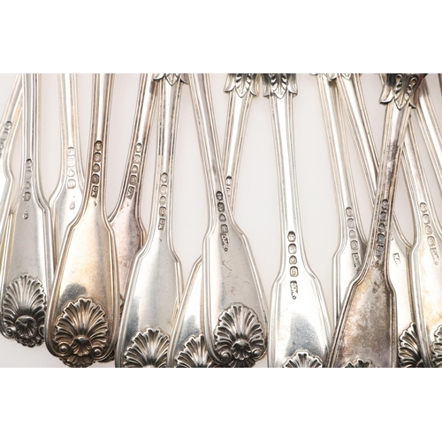 77 - A MATCHED PART-CANTEEN OF FIDDLE, THREAD & SHELL PATTERN SILVER FLATWARE. including 33 table forks, ... 