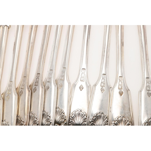 77 - A MATCHED PART-CANTEEN OF FIDDLE, THREAD & SHELL PATTERN SILVER FLATWARE. including 33 table forks, ... 