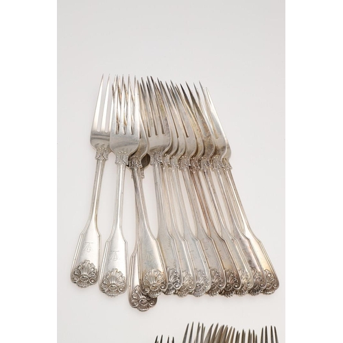 77 - A MATCHED PART-CANTEEN OF FIDDLE, THREAD & SHELL PATTERN SILVER FLATWARE. including 33 table forks, ... 