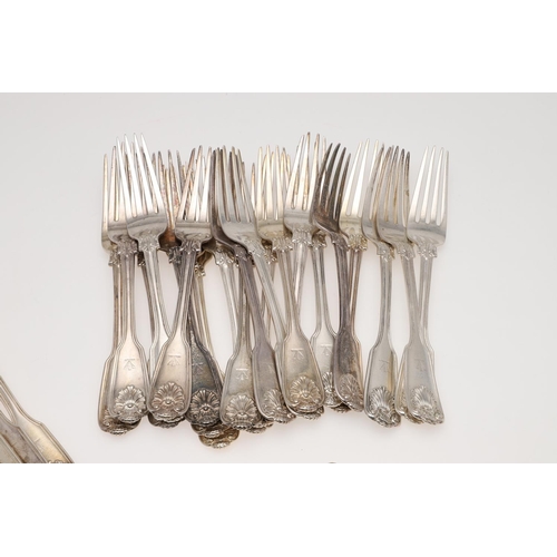 77 - A MATCHED PART-CANTEEN OF FIDDLE, THREAD & SHELL PATTERN SILVER FLATWARE. including 33 table forks, ... 