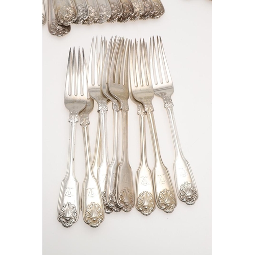 77 - A MATCHED PART-CANTEEN OF FIDDLE, THREAD & SHELL PATTERN SILVER FLATWARE. including 33 table forks, ... 