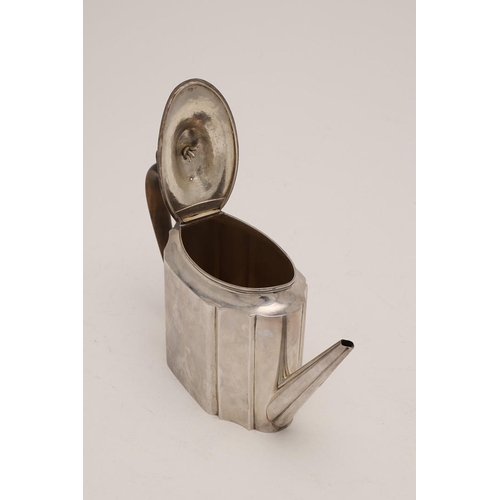 82 - A GEORGE III SILVER TEAPOT. of shaped oval outline, with a wooden 'C'-scroll handle and an ivory fin... 