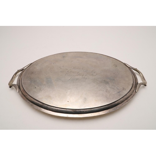 83 - A VICTORIAN TWO-HANDLED SILVER TEA TRAY. with gadrooned borders, twin leaf-capped handles, engraved ... 