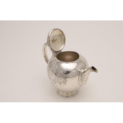 87 - A VICTORIAN SMALL BULLET-SHAPED SILVER TEA POT. with a knop finial and engraved decoration, crested,... 