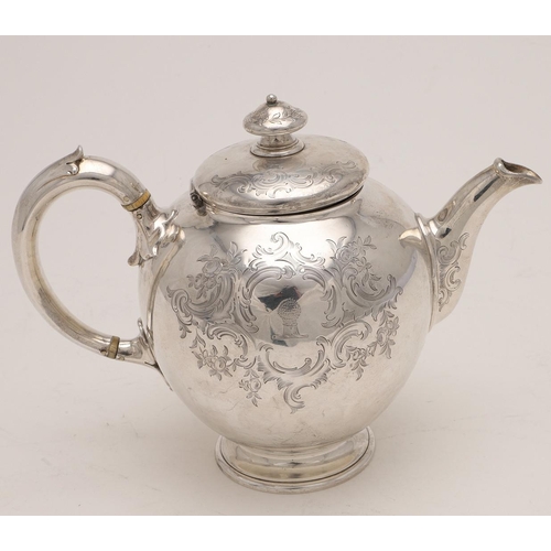 87 - A VICTORIAN SMALL BULLET-SHAPED SILVER TEA POT. with a knop finial and engraved decoration, crested,... 