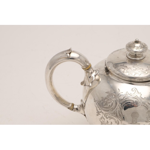 87 - A VICTORIAN SMALL BULLET-SHAPED SILVER TEA POT. with a knop finial and engraved decoration, crested,... 