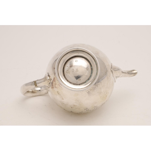 87 - A VICTORIAN SMALL BULLET-SHAPED SILVER TEA POT. with a knop finial and engraved decoration, crested,... 