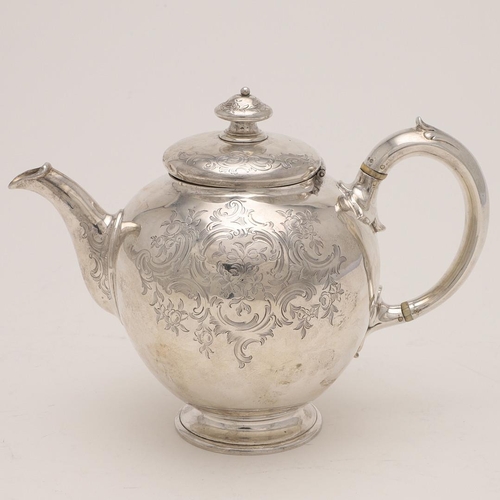 87 - A VICTORIAN SMALL BULLET-SHAPED SILVER TEA POT. with a knop finial and engraved decoration, crested,... 