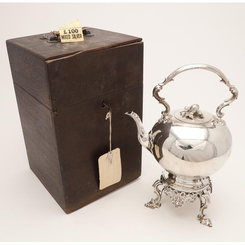 88 - A VICTORIAN BULLET-SHAPED SILVER KETTLE ON STAND. with a detachable burner, a bud finial, scrolling ... 