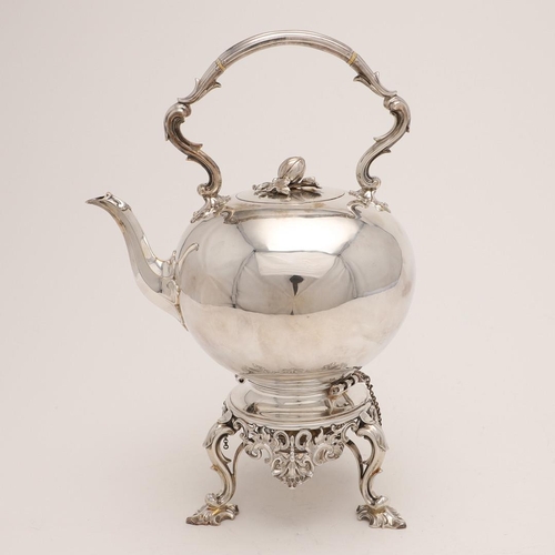 88 - A VICTORIAN BULLET-SHAPED SILVER KETTLE ON STAND. with a detachable burner, a bud finial, scrolling ... 