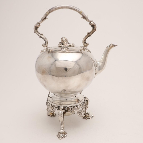 88 - A VICTORIAN BULLET-SHAPED SILVER KETTLE ON STAND. with a detachable burner, a bud finial, scrolling ... 