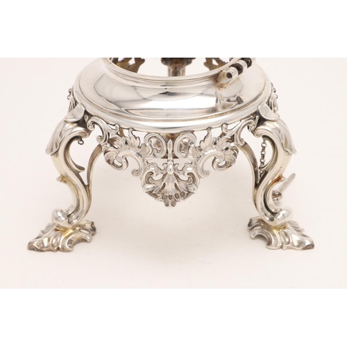 88 - A VICTORIAN BULLET-SHAPED SILVER KETTLE ON STAND. with a detachable burner, a bud finial, scrolling ... 