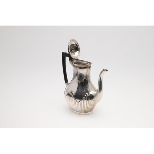 89 - A LATE VICTORIAN SILVER COFFEE POT. with a part-fluted baluster body and an angular handle, by Mappi... 