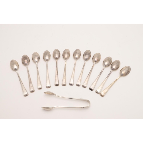 9 - A CASED SET OF TWELVE ART-DECO SILVER TEASPOONS & MATCHING TONGS. by Mappin & Webb, Sheffield 1939/4... 