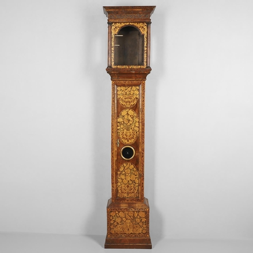 1131 - AN 18TH CENTURY MARQUETRY LONGCASE CLOCK CASE. of narrow proportions, the fret carved cornice above ... 