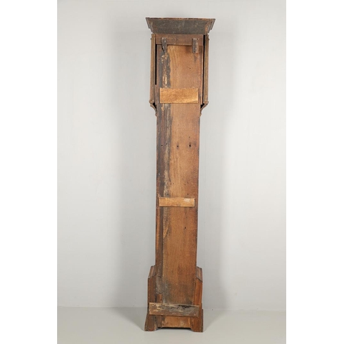 1131 - AN 18TH CENTURY MARQUETRY LONGCASE CLOCK CASE. of narrow proportions, the fret carved cornice above ... 